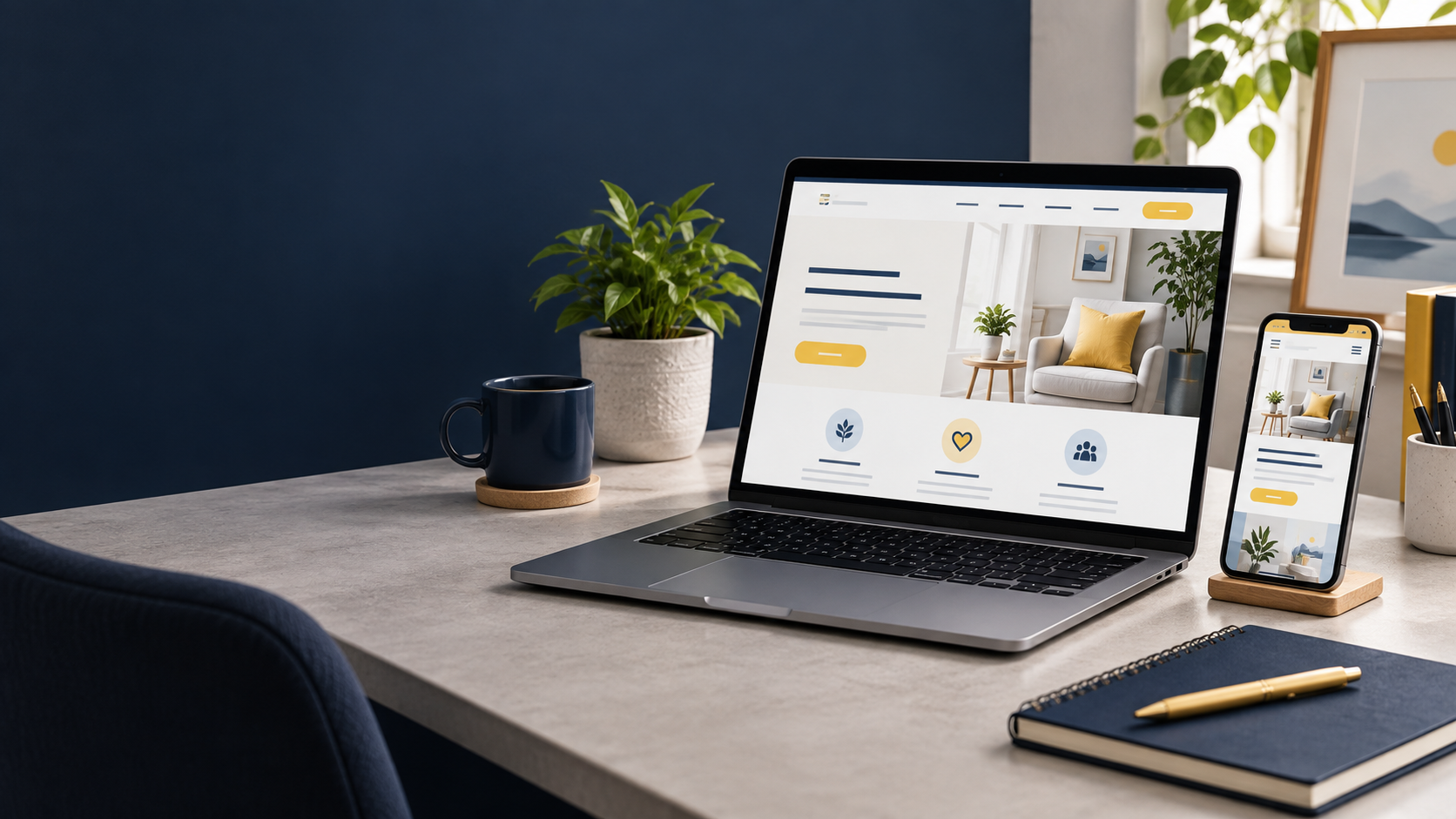 Laptop and phone displaying a modern small-business website template